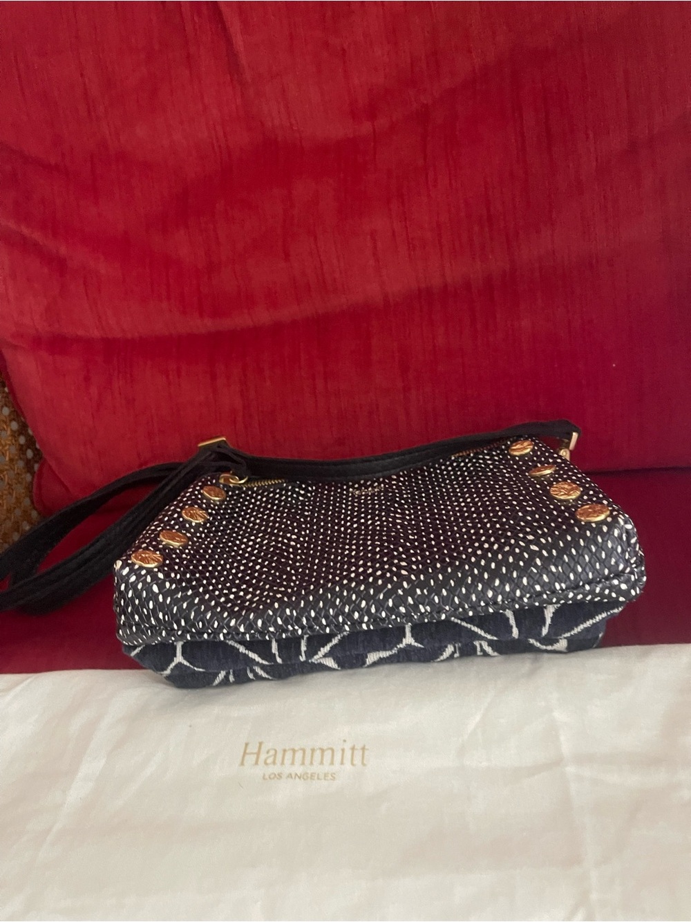 Hammitt Blue, burgundy and White Patterned Crossbody with Brown Leather Accent. - Picture 3 of 8